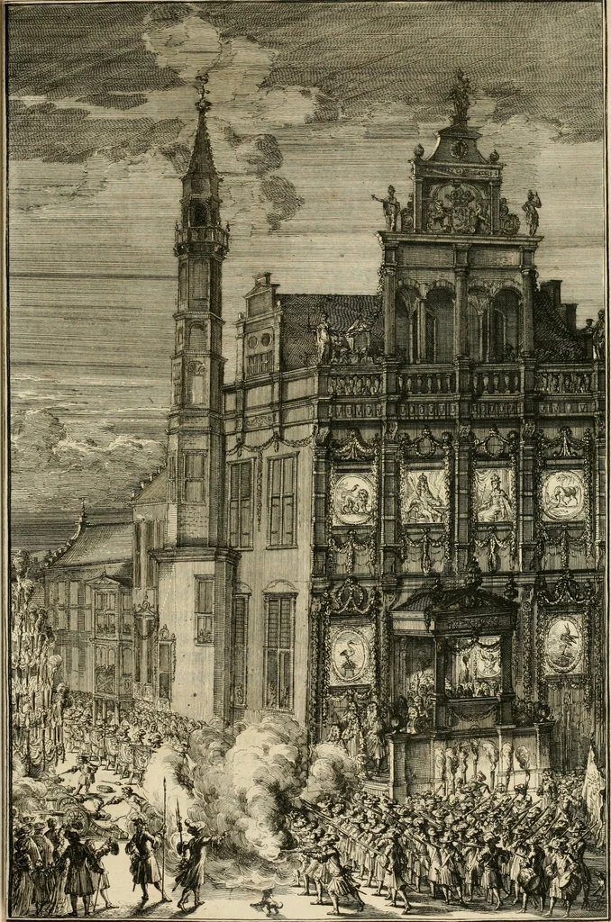An illustration from Komste van Zyne Majesteit Willem III. koning van Groot Britanje, enz. in Holland, of, Te omstandelyke beschryving van alles, : het welke op des zelfs komste en geduurende zyn verblyf, in's Graavenhaage en elders, ten teeken van vreugde en eere, is opgerecht en voorgevallen, 1691, leaf 58