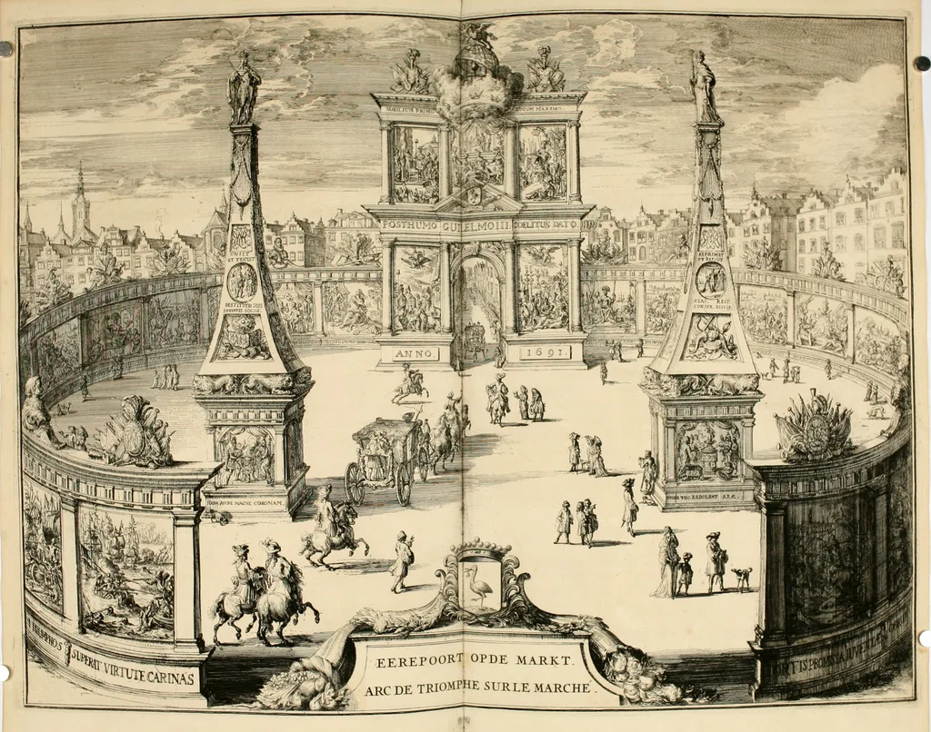 An illustration from Komste van Zyne Majesteit Willem III. koning van Groot Britanje, enz. in Holland, of, Te omstandelyke beschryving van alles, : het welke op des zelfs komste en geduurende zyn verblyf, in's Graavenhaage en elders, ten teeken van vreugde en eere, is opgerecht en voorgevallen, 1691, leaf 63