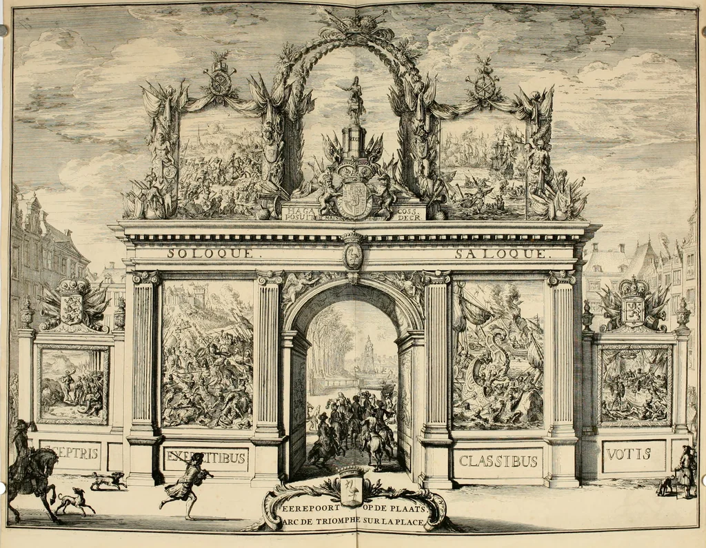 An illustration from Komste van Zyne Majesteit Willem III. koning van Groot Britanje, enz. in Holland, of, Te omstandelyke beschryving van alles, : het welke op des zelfs komste en geduurende zyn verblyf, in's Graavenhaage en elders, ten teeken van vreugde en eere, is opgerecht en voorgevallen, 1691, leaf 77