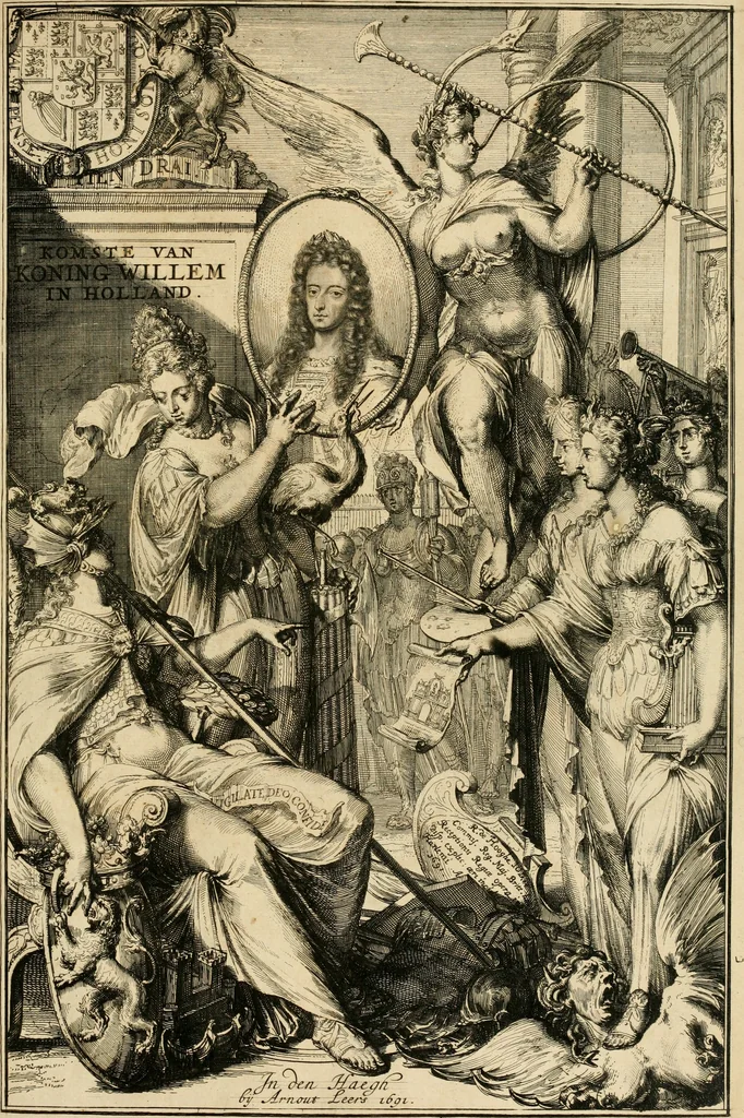 An illustration from Komste van Zyne Majesteit Willem III. koning van Groot Britanje, enz. in Holland, of, Te omstandelyke beschryving van alles, : het welke op des zelfs komste en geduurende zyn verblyf, in's Graavenhaage en elders, ten teeken van vreugde en eere, is opgerecht en voorgevallen, 1691, leaf 8