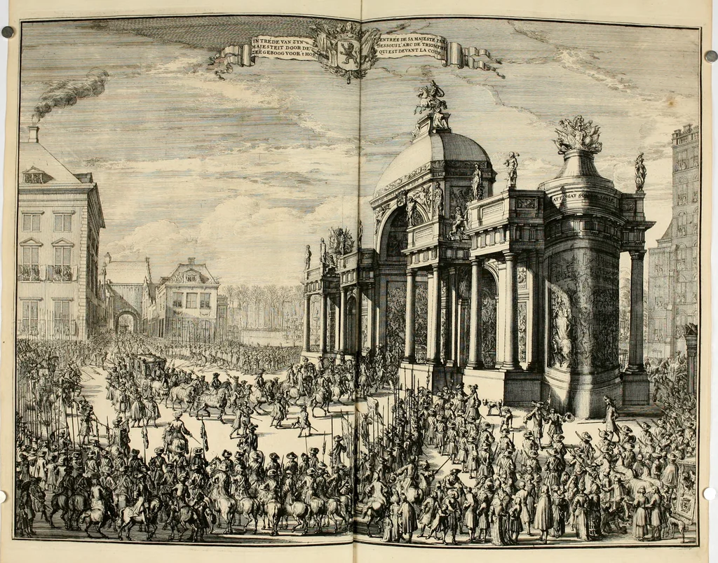An illustration from Komste van Zyne Majesteit Willem III. koning van Groot Britanje, enz. in Holland, of, Te omstandelyke beschryving van alles, : het welke op des zelfs komste en geduurende zyn verblyf, in's Graavenhaage en elders, ten teeken van vreugde en eere, is opgerecht en voorgevallen, 1691, leaf 93