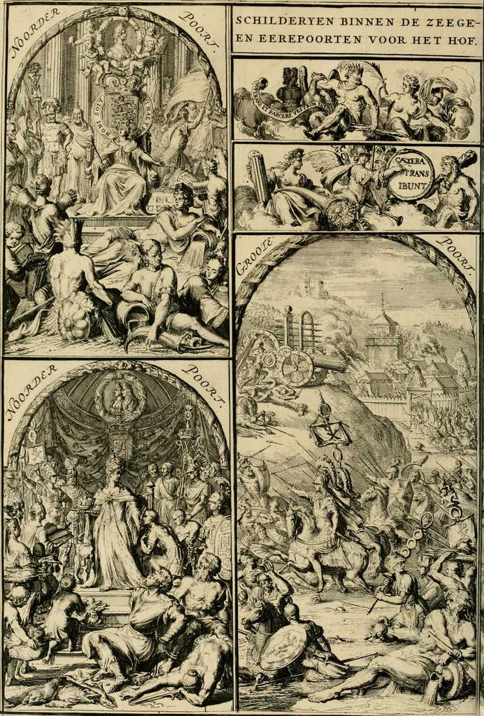 An illustration from Komste van Zyne Majesteit Willem III. koning van Groot Britanje, enz. in Holland, of, Te omstandelyke beschryving van alles, : het welke op des zelfs komste en geduurende zyn verblyf, in's Graavenhaage en elders, ten teeken van vreugde en eere, is opgerecht en voorgevallen, 1691, leaf 97
