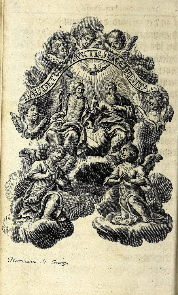 An illustration from Königliche Halss-Zierde einer Gott-liebenden Seelen : in sich begreiffend überaus kräftige Morgen- Abend- Mess- Beicht- und Communion-Gebetter, zu dem hochwürdigsten Sacrament des Altars, der aller-heiligsten Dreyfaltigkeit, von süssen Namen Jesu, Leiden Christi, zu der Mutter Gottes, allen Heil. Engeln und verschidenen Heiligen Gottes : nebst beygefügten Tag-Zeiten zu der göttlichen Fürsichtigkeit ... wie auch mit unterschiedlichen Litaneyen ... : allen Gott-liebenden Herzen zu grösserer Andacht aus verschiedenen approbirten Büchern zusammen getragen, auch auf ein neues in vielen verbesseret .., leaf 106