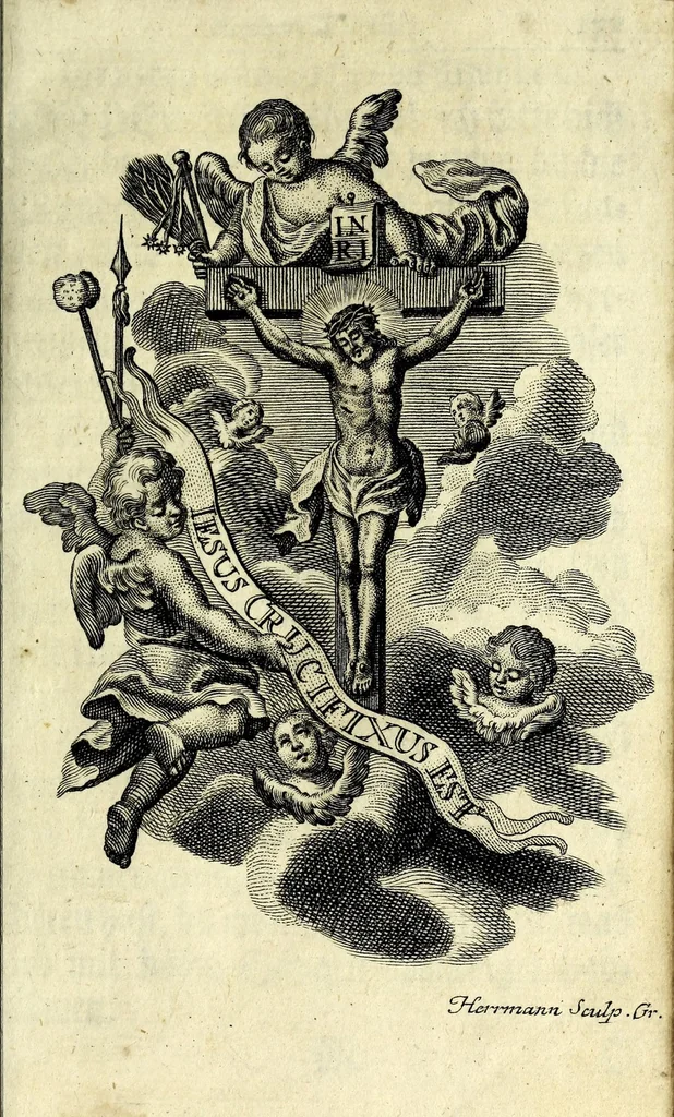 An illustration from Königliche Halss-Zierde einer Gott-liebenden Seelen : in sich begreiffend überaus kräftige Morgen- Abend- Mess- Beicht- und Communion-Gebetter, zu dem hochwürdigsten Sacrament des Altars, der aller-heiligsten Dreyfaltigkeit, von süssen Namen Jesu, Leiden Christi, zu der Mutter Gottes, allen Heil. Engeln und verschidenen Heiligen Gottes : nebst beygefügten Tag-Zeiten zu der göttlichen Fürsichtigkeit ... wie auch mit unterschiedlichen Litaneyen ... : allen Gott-liebenden Herzen zu grösserer Andacht aus verschiedenen approbirten Büchern zusammen getragen, auch auf ein neues in vielen verbesseret .., leaf 195