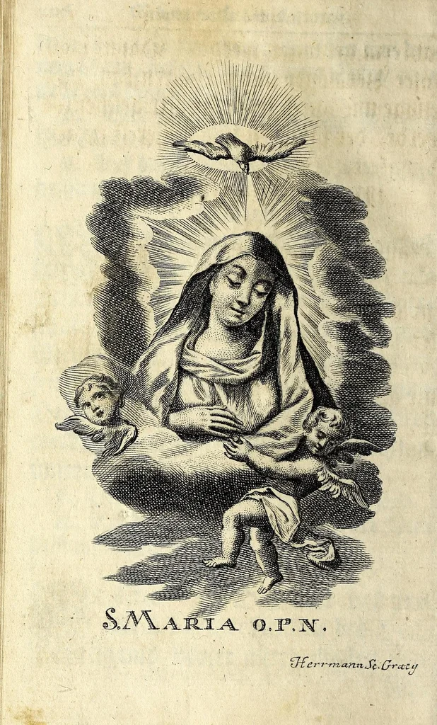 An illustration from Königliche Halss-Zierde einer Gott-liebenden Seelen : in sich begreiffend überaus kräftige Morgen- Abend- Mess- Beicht- und Communion-Gebetter, zu dem hochwürdigsten Sacrament des Altars, der aller-heiligsten Dreyfaltigkeit, von süssen Namen Jesu, Leiden Christi, zu der Mutter Gottes, allen Heil. Engeln und verschidenen Heiligen Gottes : nebst beygefügten Tag-Zeiten zu der göttlichen Fürsichtigkeit ... wie auch mit unterschiedlichen Litaneyen ... : allen Gott-liebenden Herzen zu grösserer Andacht aus verschiedenen approbirten Büchern zusammen getragen, auch auf ein neues in vielen verbesseret .., leaf 230