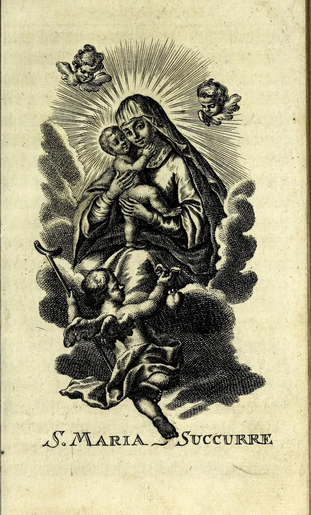 An illustration from Königliche Halss-Zierde einer Gott-liebenden Seelen : in sich begreiffend überaus kräftige Morgen- Abend- Mess- Beicht- und Communion-Gebetter, zu dem hochwürdigsten Sacrament des Altars, der aller-heiligsten Dreyfaltigkeit, von süssen Namen Jesu, Leiden Christi, zu der Mutter Gottes, allen Heil. Engeln und verschidenen Heiligen Gottes : nebst beygefügten Tag-Zeiten zu der göttlichen Fürsichtigkeit ... wie auch mit unterschiedlichen Litaneyen ... : allen Gott-liebenden Herzen zu grösserer Andacht aus verschiedenen approbirten Büchern zusammen getragen, auch auf ein neues in vielen verbesseret .., leaf 237