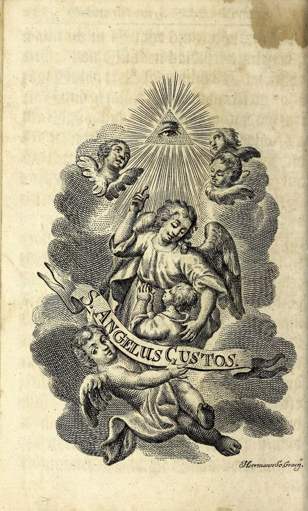 An illustration from Königliche Halss-Zierde einer Gott-liebenden Seelen : in sich begreiffend überaus kräftige Morgen- Abend- Mess- Beicht- und Communion-Gebetter, zu dem hochwürdigsten Sacrament des Altars, der aller-heiligsten Dreyfaltigkeit, von süssen Namen Jesu, Leiden Christi, zu der Mutter Gottes, allen Heil. Engeln und verschidenen Heiligen Gottes : nebst beygefügten Tag-Zeiten zu der göttlichen Fürsichtigkeit ... wie auch mit unterschiedlichen Litaneyen ... : allen Gott-liebenden Herzen zu grösserer Andacht aus verschiedenen approbirten Büchern zusammen getragen, auch auf ein neues in vielen verbesseret .., leaf 264