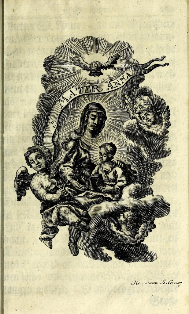 An illustration from Königliche Halss-Zierde einer Gott-liebenden Seelen : in sich begreiffend überaus kräftige Morgen- Abend- Mess- Beicht- und Communion-Gebetter, zu dem hochwürdigsten Sacrament des Altars, der aller-heiligsten Dreyfaltigkeit, von süssen Namen Jesu, Leiden Christi, zu der Mutter Gottes, allen Heil. Engeln und verschidenen Heiligen Gottes : nebst beygefügten Tag-Zeiten zu der göttlichen Fürsichtigkeit ... wie auch mit unterschiedlichen Litaneyen ... : allen Gott-liebenden Herzen zu grösserer Andacht aus verschiedenen approbirten Büchern zusammen getragen, auch auf ein neues in vielen verbesseret .., leaf 297