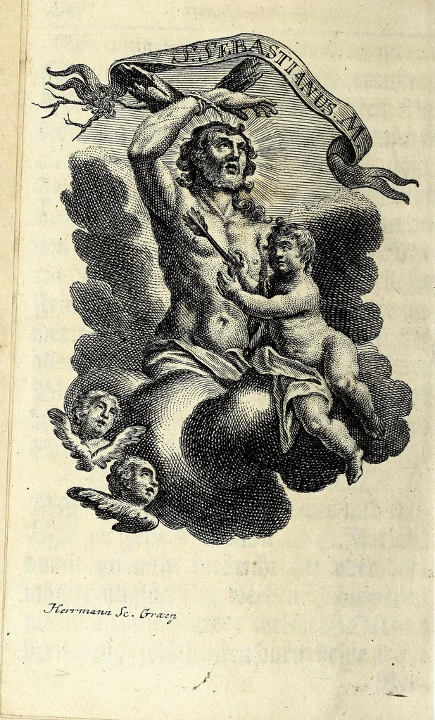 An illustration from Königliche Halss-Zierde einer Gott-liebenden Seelen : in sich begreiffend überaus kräftige Morgen- Abend- Mess- Beicht- und Communion-Gebetter, zu dem hochwürdigsten Sacrament des Altars, der aller-heiligsten Dreyfaltigkeit, von süssen Namen Jesu, Leiden Christi, zu der Mutter Gottes, allen Heil. Engeln und verschidenen Heiligen Gottes : nebst beygefügten Tag-Zeiten zu der göttlichen Fürsichtigkeit ... wie auch mit unterschiedlichen Litaneyen ... : allen Gott-liebenden Herzen zu grösserer Andacht aus verschiedenen approbirten Büchern zusammen getragen, auch auf ein neues in vielen verbesseret .., leaf 344