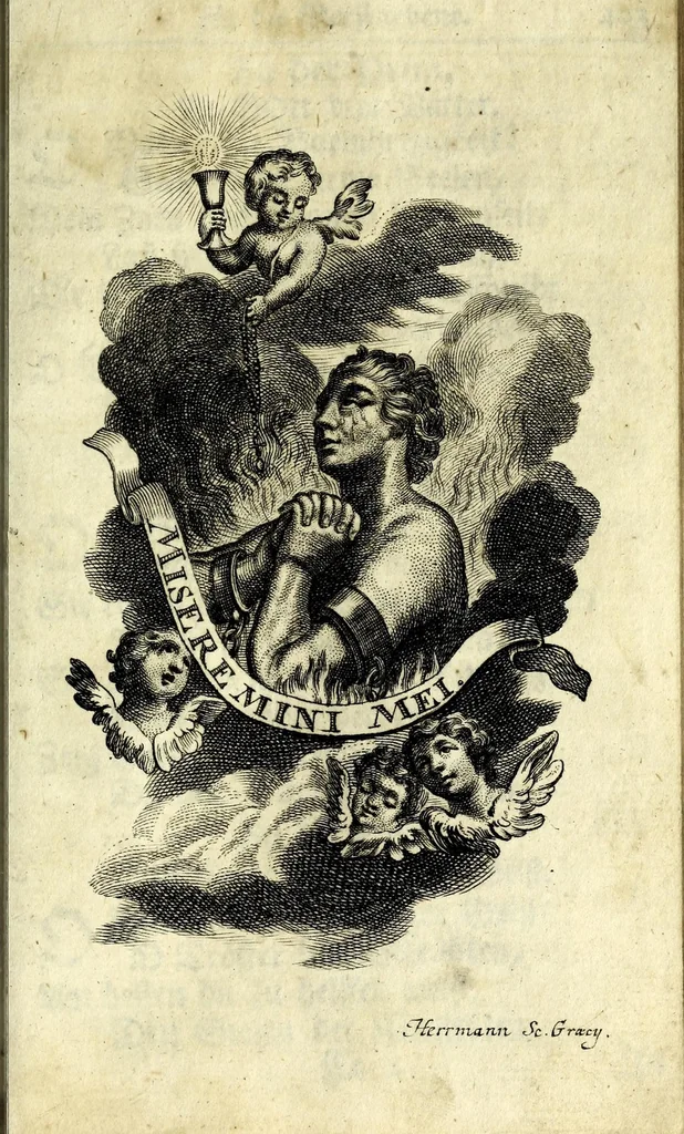 An illustration from Königliche Halss-Zierde einer Gott-liebenden Seelen : in sich begreiffend überaus kräftige Morgen- Abend- Mess- Beicht- und Communion-Gebetter, zu dem hochwürdigsten Sacrament des Altars, der aller-heiligsten Dreyfaltigkeit, von süssen Namen Jesu, Leiden Christi, zu der Mutter Gottes, allen Heil. Engeln und verschidenen Heiligen Gottes : nebst beygefügten Tag-Zeiten zu der göttlichen Fürsichtigkeit ... wie auch mit unterschiedlichen Litaneyen ... : allen Gott-liebenden Herzen zu grösserer Andacht aus verschiedenen approbirten Büchern zusammen getragen, auch auf ein neues in vielen verbesseret .., leaf 441