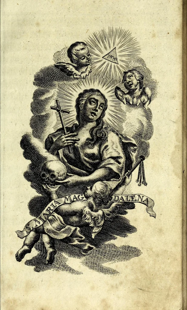 An illustration from Königliche Halss-Zierde einer Gott-liebenden Seelen : in sich begreiffend überaus kräftige Morgen- Abend- Mess- Beicht- und Communion-Gebetter, zu dem hochwürdigsten Sacrament des Altars, der aller-heiligsten Dreyfaltigkeit, von süssen Namen Jesu, Leiden Christi, zu der Mutter Gottes, allen Heil. Engeln und verschidenen Heiligen Gottes : nebst beygefügten Tag-Zeiten zu der göttlichen Fürsichtigkeit ... wie auch mit unterschiedlichen Litaneyen ... : allen Gott-liebenden Herzen zu grösserer Andacht aus verschiedenen approbirten Büchern zusammen getragen, auch auf ein neues in vielen verbesseret .., leaf 53
