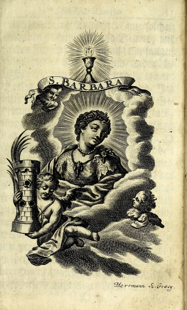 An illustration from Königliche Halss-Zierde einer Gott-liebenden Seelen : in sich begreiffend überaus kräftige Morgen- Abend- Mess- Beicht- und Communion-Gebetter, zu dem hochwürdigsten Sacrament des Altars, der aller-heiligsten Dreyfaltigkeit, von süssen Namen Jesu, Leiden Christi, zu der Mutter Gottes, allen Heil. Engeln und verschidenen Heiligen Gottes : nebst beygefügten Tag-Zeiten zu der göttlichen Fürsichtigkeit ... wie auch mit unterschiedlichen Litaneyen ... : allen Gott-liebenden Herzen zu grösserer Andacht aus verschiedenen approbirten Büchern zusammen getragen, auch auf ein neues in vielen verbesseret .., leaf 65