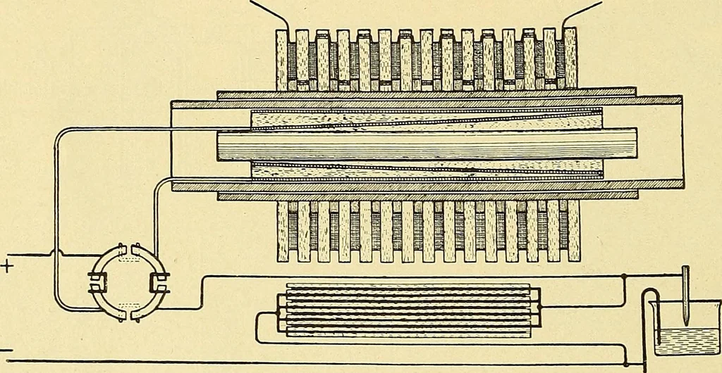 An illustration from Konstruktion, Bau und Betrieb von Funkeninduktoren und deren Anwendung, mit besonderer Berücksichtigung der Röntgenstrahlen-Technik, 1904, leaf 45