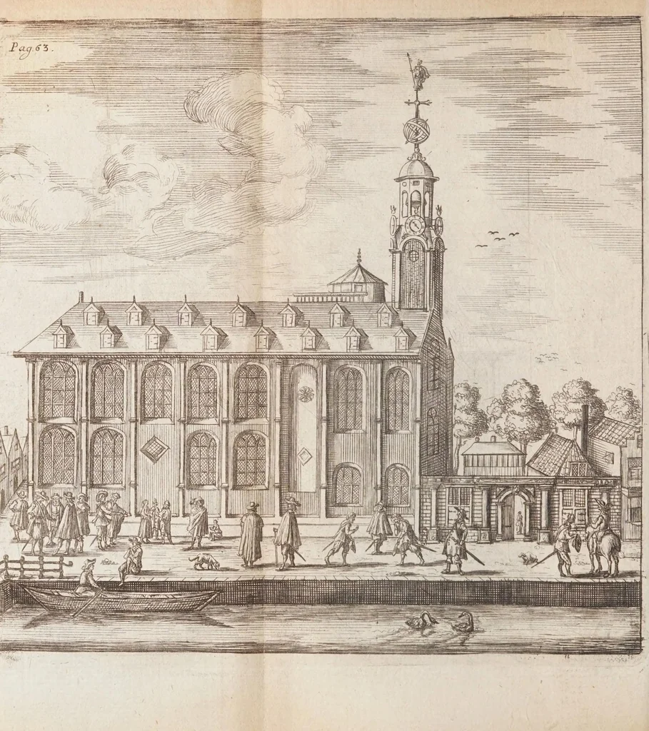 An illustration from Korte besgryving van het Lugdunum Batavorum nu Leyden : vervatende een verhaal van haar grond-stand, oudheid, opkomst, voort-gang, ende stads-bestier : sampt het graven van den ouden ende niewen Rijn, met de oude ende niewe uytwateringen van de selve, 1672, leaf 108