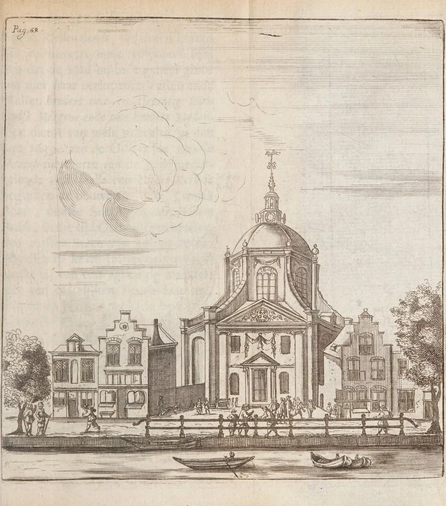 An illustration from Korte besgryving van het Lugdunum Batavorum nu Leyden : vervatende een verhaal van haar grond-stand, oudheid, opkomst, voort-gang, ende stads-bestier : sampt het graven van den ouden ende niewen Rijn, met de oude ende niewe uytwateringen van de selve, 1672, leaf 115