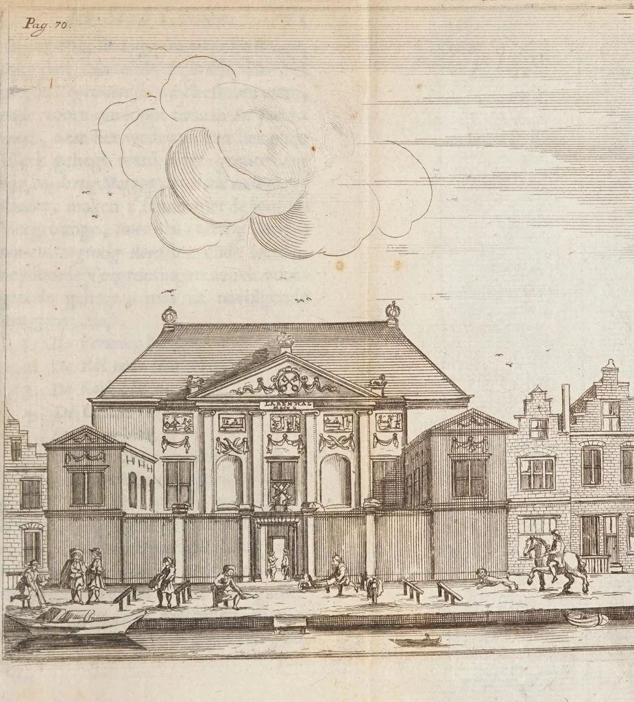 An illustration from Korte besgryving van het Lugdunum Batavorum nu Leyden : vervatende een verhaal van haar grond-stand, oudheid, opkomst, voort-gang, ende stads-bestier : sampt het graven van den ouden ende niewen Rijn, met de oude ende niewe uytwateringen van de selve, 1672, leaf 119