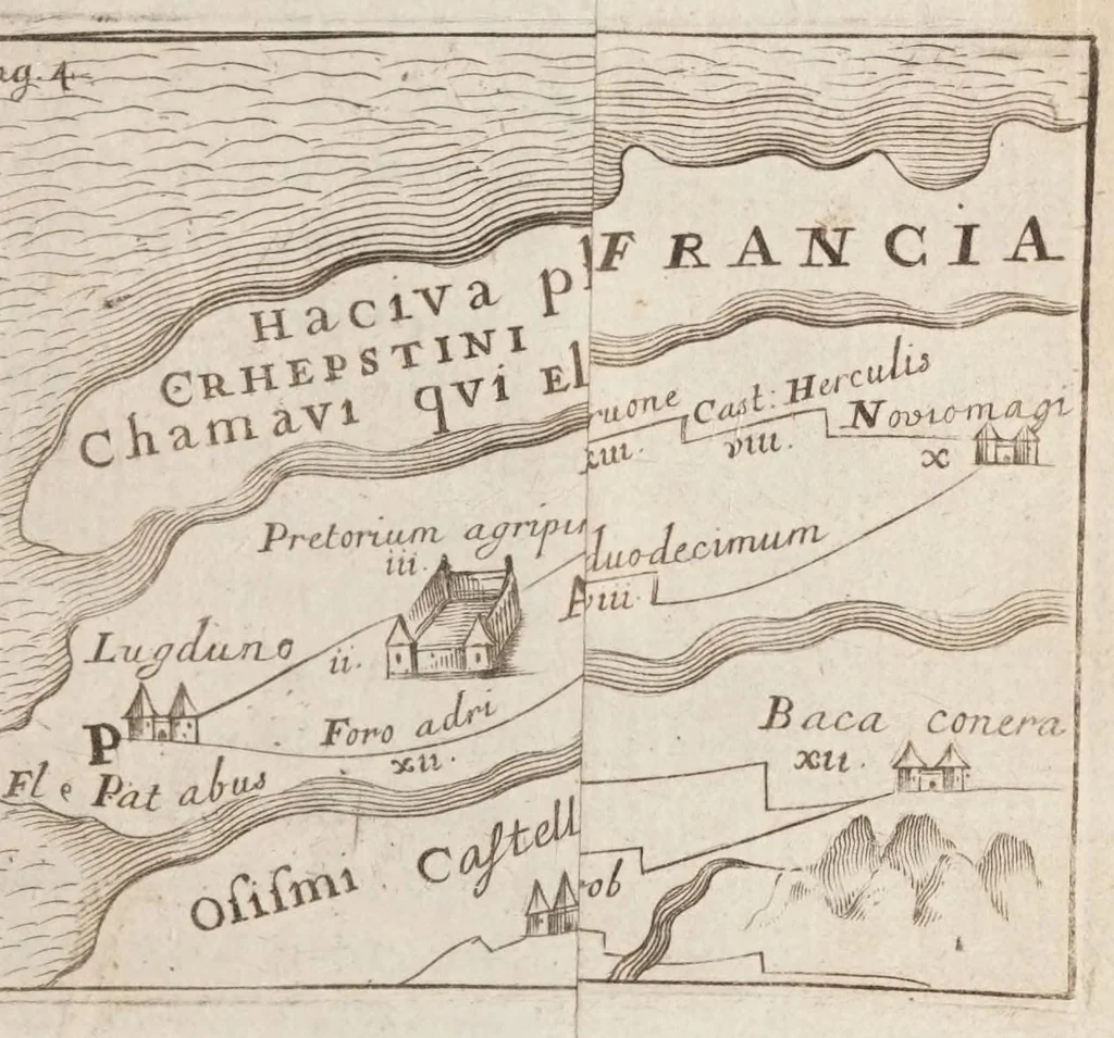 An illustration from Korte besgryving van het Lugdunum Batavorum nu Leyden : vervatende een verhaal van haar grond-stand, oudheid, opkomst, voort-gang, ende stads-bestier : sampt het graven van den ouden ende niewen Rijn, met de oude ende niewe uytwateringen van de selve, 1672, leaf 35