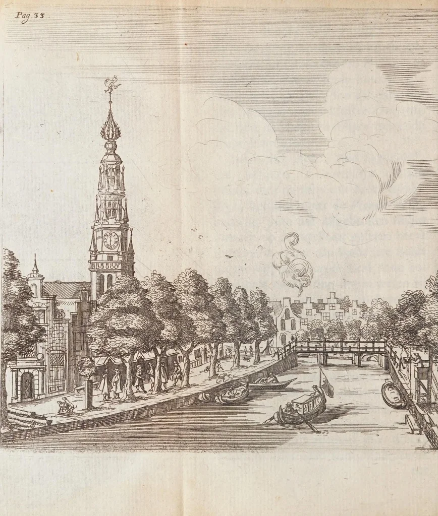 An illustration from Korte besgryving van het Lugdunum Batavorum nu Leyden : vervatende een verhaal van haar grond-stand, oudheid, opkomst, voort-gang, ende stads-bestier : sampt het graven van den ouden ende niewen Rijn, met de oude ende niewe uytwateringen van de selve, 1672, leaf 70