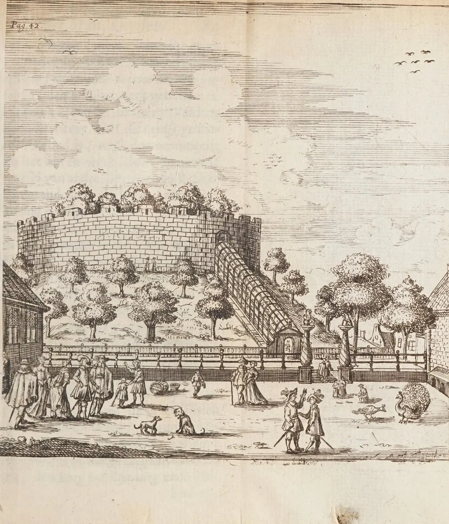 An illustration from Korte besgryving van het Lugdunum Batavorum nu Leyden : vervatende een verhaal van haar grond-stand, oudheid, opkomst, voort-gang, ende stads-bestier : sampt het graven van den ouden ende niewen Rijn, met de oude ende niewe uytwateringen van de selve, 1672, leaf 83