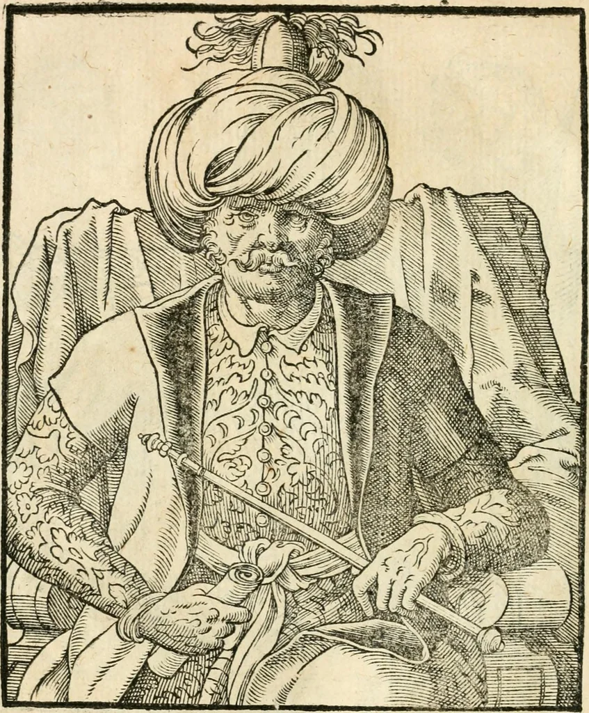 An illustration from Kunstbüchlin : Darinnen neben Fürbildung vieler, geistlicher vnnd weltlicher, hohes vnd niderstands Personen, so dann auch der Türkischen Käyser derselben obersten allerhandt kunstreiche Stück vnnd Figuren : auch die sieben Planeten, zehen alter Rittmeister vnnd Befelchshaber, Reutern vnd Contrafactur der Pferde, allerlen Thurnier, Fechten vnd dann erliche Helm vnd Helmdecken begriffen : Alles auff das zierlicht vnd künstlichst gerissen, 1599, leaf 101
