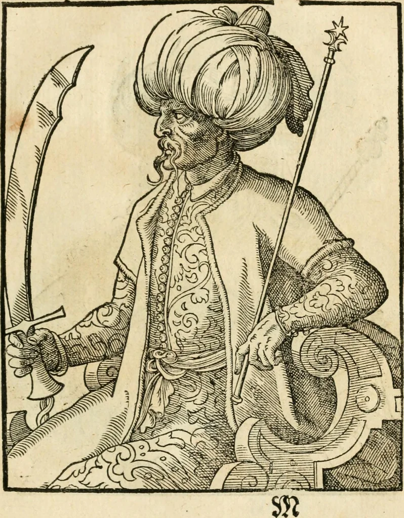 An illustration from Kunstbüchlin : Darinnen neben Fürbildung vieler, geistlicher vnnd weltlicher, hohes vnd niderstands Personen, so dann auch der Türkischen Käyser derselben obersten allerhandt kunstreiche Stück vnnd Figuren : auch die sieben Planeten, zehen alter Rittmeister vnnd Befelchshaber, Reutern vnd Contrafactur der Pferde, allerlen Thurnier, Fechten vnd dann erliche Helm vnd Helmdecken begriffen : Alles auff das zierlicht vnd künstlichst gerissen, 1599, leaf 102