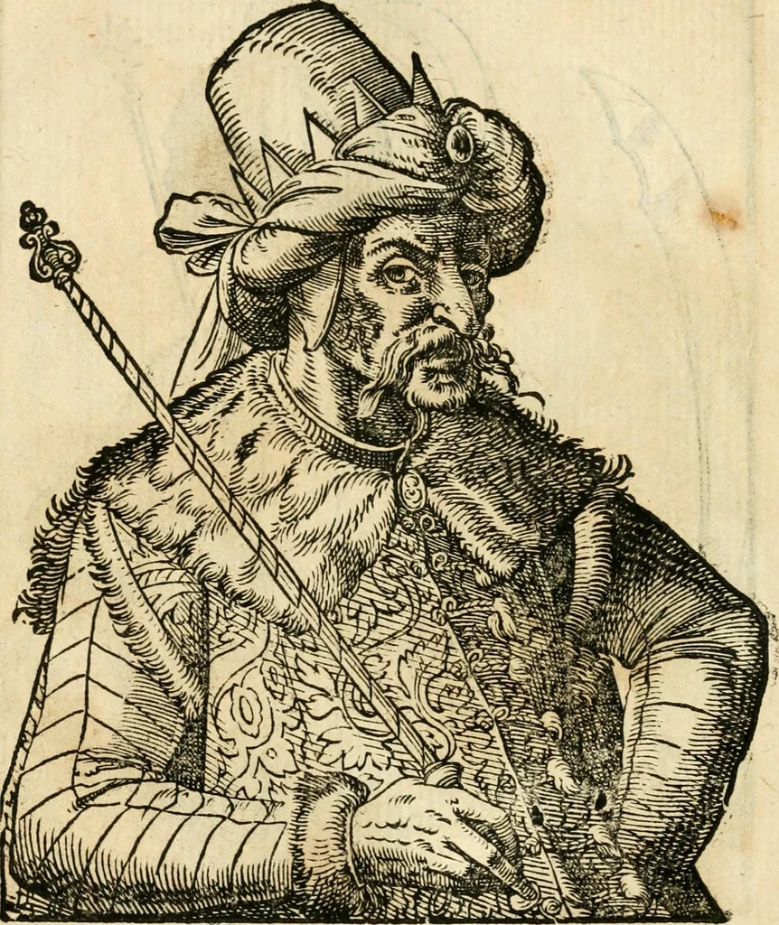 An illustration from Kunstbüchlin : Darinnen neben Fürbildung vieler, geistlicher vnnd weltlicher, hohes vnd niderstands Personen, so dann auch der Türkischen Käyser derselben obersten allerhandt kunstreiche Stück vnnd Figuren : auch die sieben Planeten, zehen alter Rittmeister vnnd Befelchshaber, Reutern vnd Contrafactur der Pferde, allerlen Thurnier, Fechten vnd dann erliche Helm vnd Helmdecken begriffen : Alles auff das zierlicht vnd künstlichst gerissen, 1599, leaf 103