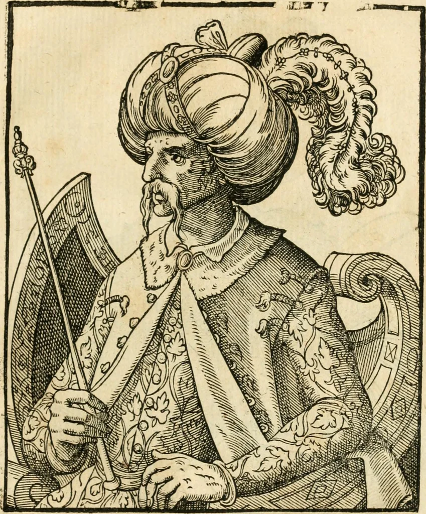An illustration from Kunstbüchlin : Darinnen neben Fürbildung vieler, geistlicher vnnd weltlicher, hohes vnd niderstands Personen, so dann auch der Türkischen Käyser derselben obersten allerhandt kunstreiche Stück vnnd Figuren : auch die sieben Planeten, zehen alter Rittmeister vnnd Befelchshaber, Reutern vnd Contrafactur der Pferde, allerlen Thurnier, Fechten vnd dann erliche Helm vnd Helmdecken begriffen : Alles auff das zierlicht vnd künstlichst gerissen, 1599, leaf 104