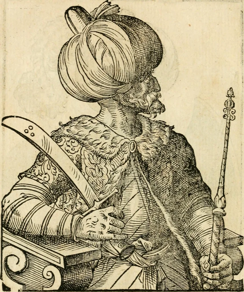 An illustration from Kunstbüchlin : Darinnen neben Fürbildung vieler, geistlicher vnnd weltlicher, hohes vnd niderstands Personen, so dann auch der Türkischen Käyser derselben obersten allerhandt kunstreiche Stück vnnd Figuren : auch die sieben Planeten, zehen alter Rittmeister vnnd Befelchshaber, Reutern vnd Contrafactur der Pferde, allerlen Thurnier, Fechten vnd dann erliche Helm vnd Helmdecken begriffen : Alles auff das zierlicht vnd künstlichst gerissen, 1599, leaf 105