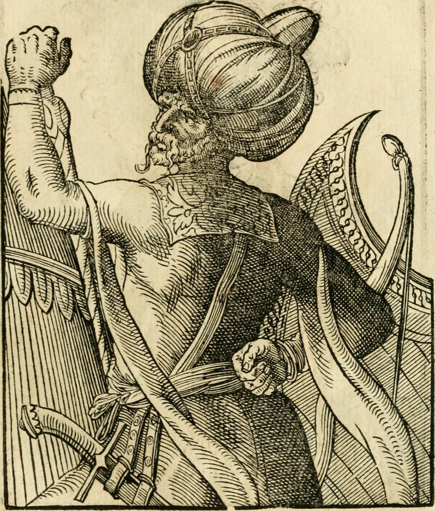 An illustration from Kunstbüchlin : Darinnen neben Fürbildung vieler, geistlicher vnnd weltlicher, hohes vnd niderstands Personen, so dann auch der Türkischen Käyser derselben obersten allerhandt kunstreiche Stück vnnd Figuren : auch die sieben Planeten, zehen alter Rittmeister vnnd Befelchshaber, Reutern vnd Contrafactur der Pferde, allerlen Thurnier, Fechten vnd dann erliche Helm vnd Helmdecken begriffen : Alles auff das zierlicht vnd künstlichst gerissen, 1599, leaf 106