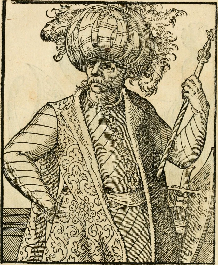 An illustration from Kunstbüchlin : Darinnen neben Fürbildung vieler, geistlicher vnnd weltlicher, hohes vnd niderstands Personen, so dann auch der Türkischen Käyser derselben obersten allerhandt kunstreiche Stück vnnd Figuren : auch die sieben Planeten, zehen alter Rittmeister vnnd Befelchshaber, Reutern vnd Contrafactur der Pferde, allerlen Thurnier, Fechten vnd dann erliche Helm vnd Helmdecken begriffen : Alles auff das zierlicht vnd künstlichst gerissen, 1599, leaf 107