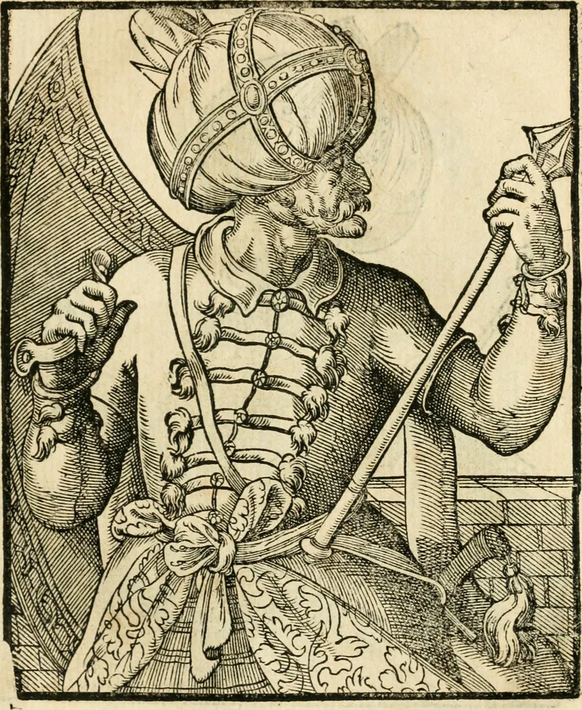 An illustration from Kunstbüchlin : Darinnen neben Fürbildung vieler, geistlicher vnnd weltlicher, hohes vnd niderstands Personen, so dann auch der Türkischen Käyser derselben obersten allerhandt kunstreiche Stück vnnd Figuren : auch die sieben Planeten, zehen alter Rittmeister vnnd Befelchshaber, Reutern vnd Contrafactur der Pferde, allerlen Thurnier, Fechten vnd dann erliche Helm vnd Helmdecken begriffen : Alles auff das zierlicht vnd künstlichst gerissen, 1599, leaf 108