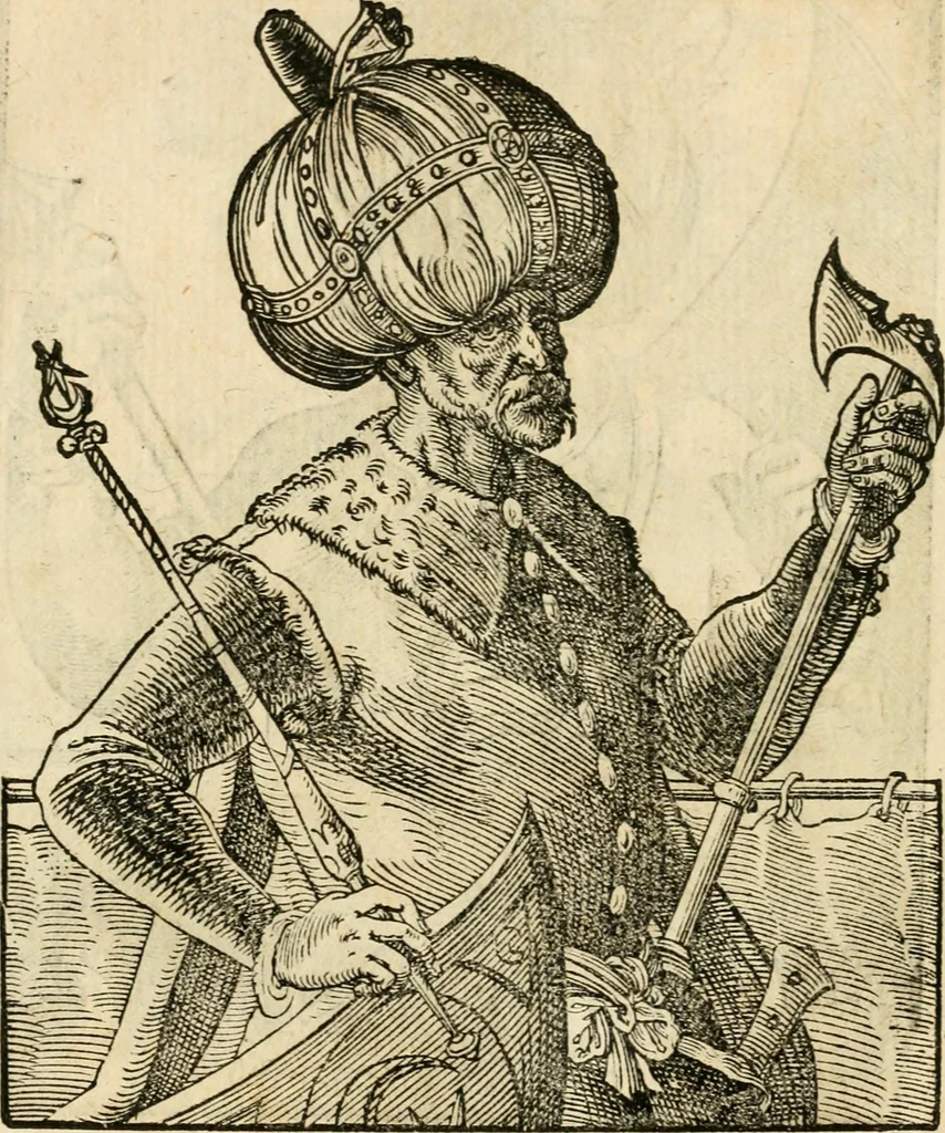 An illustration from Kunstbüchlin : Darinnen neben Fürbildung vieler, geistlicher vnnd weltlicher, hohes vnd niderstands Personen, so dann auch der Türkischen Käyser derselben obersten allerhandt kunstreiche Stück vnnd Figuren : auch die sieben Planeten, zehen alter Rittmeister vnnd Befelchshaber, Reutern vnd Contrafactur der Pferde, allerlen Thurnier, Fechten vnd dann erliche Helm vnd Helmdecken begriffen : Alles auff das zierlicht vnd künstlichst gerissen, 1599, leaf 109