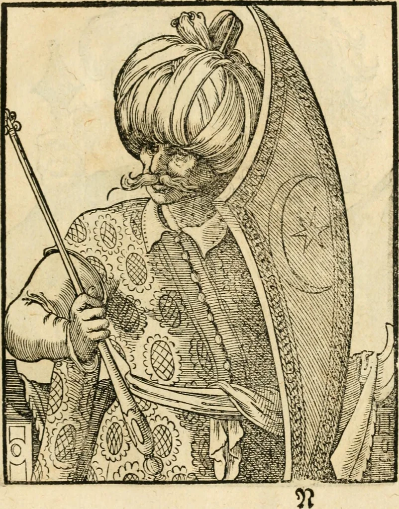An illustration from Kunstbüchlin : Darinnen neben Fürbildung vieler, geistlicher vnnd weltlicher, hohes vnd niderstands Personen, so dann auch der Türkischen Käyser derselben obersten allerhandt kunstreiche Stück vnnd Figuren : auch die sieben Planeten, zehen alter Rittmeister vnnd Befelchshaber, Reutern vnd Contrafactur der Pferde, allerlen Thurnier, Fechten vnd dann erliche Helm vnd Helmdecken begriffen : Alles auff das zierlicht vnd künstlichst gerissen, 1599, leaf 110