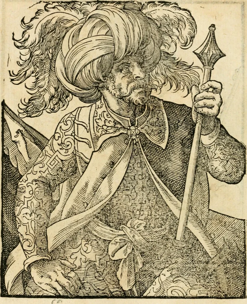 An illustration from Kunstbüchlin : Darinnen neben Fürbildung vieler, geistlicher vnnd weltlicher, hohes vnd niderstands Personen, so dann auch der Türkischen Käyser derselben obersten allerhandt kunstreiche Stück vnnd Figuren : auch die sieben Planeten, zehen alter Rittmeister vnnd Befelchshaber, Reutern vnd Contrafactur der Pferde, allerlen Thurnier, Fechten vnd dann erliche Helm vnd Helmdecken begriffen : Alles auff das zierlicht vnd künstlichst gerissen, 1599, leaf 111