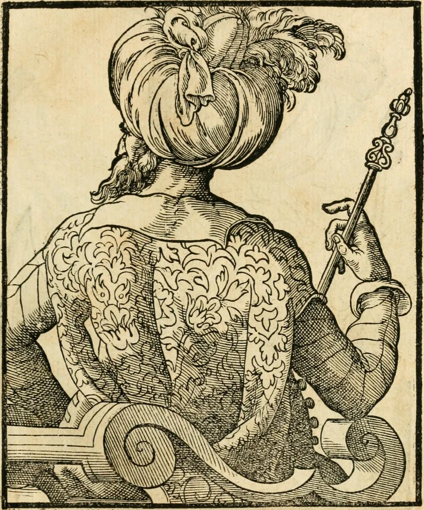 An illustration from Kunstbüchlin : Darinnen neben Fürbildung vieler, geistlicher vnnd weltlicher, hohes vnd niderstands Personen, so dann auch der Türkischen Käyser derselben obersten allerhandt kunstreiche Stück vnnd Figuren : auch die sieben Planeten, zehen alter Rittmeister vnnd Befelchshaber, Reutern vnd Contrafactur der Pferde, allerlen Thurnier, Fechten vnd dann erliche Helm vnd Helmdecken begriffen : Alles auff das zierlicht vnd künstlichst gerissen, 1599, leaf 112