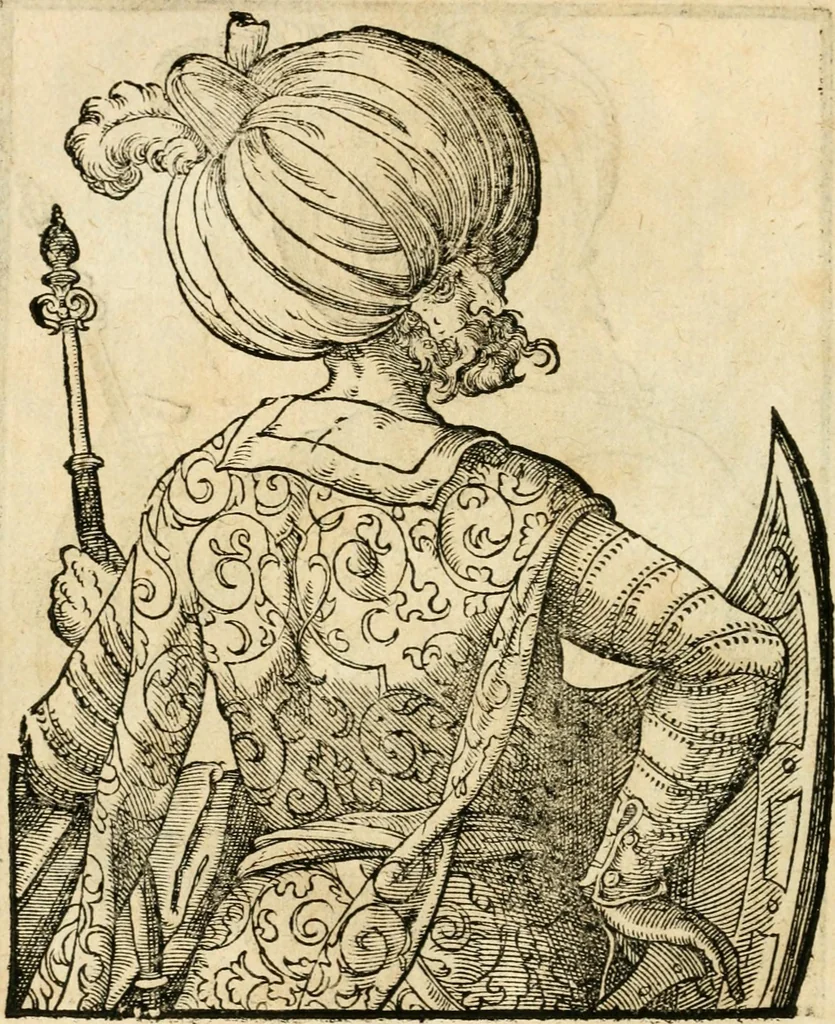 An illustration from Kunstbüchlin : Darinnen neben Fürbildung vieler, geistlicher vnnd weltlicher, hohes vnd niderstands Personen, so dann auch der Türkischen Käyser derselben obersten allerhandt kunstreiche Stück vnnd Figuren : auch die sieben Planeten, zehen alter Rittmeister vnnd Befelchshaber, Reutern vnd Contrafactur der Pferde, allerlen Thurnier, Fechten vnd dann erliche Helm vnd Helmdecken begriffen : Alles auff das zierlicht vnd künstlichst gerissen, 1599, leaf 113