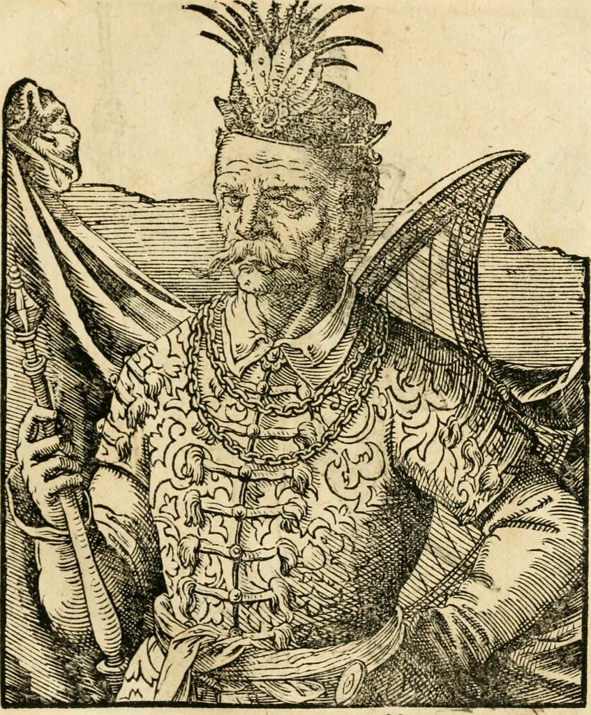 An illustration from Kunstbüchlin : Darinnen neben Fürbildung vieler, geistlicher vnnd weltlicher, hohes vnd niderstands Personen, so dann auch der Türkischen Käyser derselben obersten allerhandt kunstreiche Stück vnnd Figuren : auch die sieben Planeten, zehen alter Rittmeister vnnd Befelchshaber, Reutern vnd Contrafactur der Pferde, allerlen Thurnier, Fechten vnd dann erliche Helm vnd Helmdecken begriffen : Alles auff das zierlicht vnd künstlichst gerissen, 1599, leaf 114