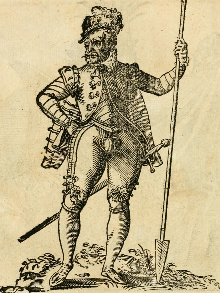 An illustration from Kunstbüchlin : Darinnen neben Fürbildung vieler, geistlicher vnnd weltlicher, hohes vnd niderstands Personen, so dann auch der Türkischen Käyser derselben obersten allerhandt kunstreiche Stück vnnd Figuren : auch die sieben Planeten, zehen alter Rittmeister vnnd Befelchshaber, Reutern vnd Contrafactur der Pferde, allerlen Thurnier, Fechten vnd dann erliche Helm vnd Helmdecken begriffen : Alles auff das zierlicht vnd künstlichst gerissen, 1599, leaf 115