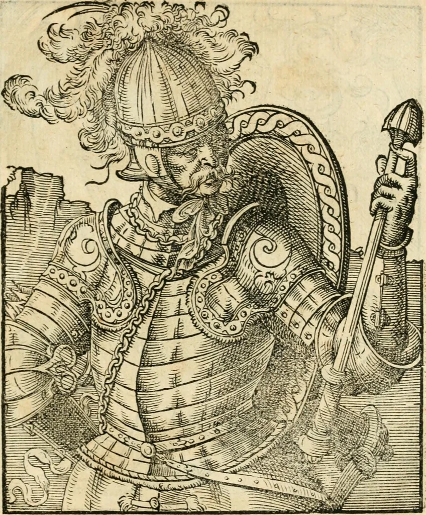 An illustration from Kunstbüchlin : Darinnen neben Fürbildung vieler, geistlicher vnnd weltlicher, hohes vnd niderstands Personen, so dann auch der Türkischen Käyser derselben obersten allerhandt kunstreiche Stück vnnd Figuren : auch die sieben Planeten, zehen alter Rittmeister vnnd Befelchshaber, Reutern vnd Contrafactur der Pferde, allerlen Thurnier, Fechten vnd dann erliche Helm vnd Helmdecken begriffen : Alles auff das zierlicht vnd künstlichst gerissen, 1599, leaf 116