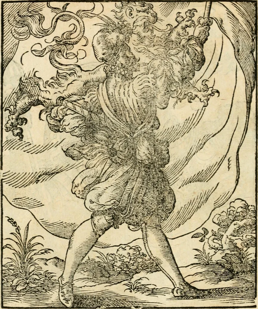 An illustration from Kunstbüchlin : Darinnen neben Fürbildung vieler, geistlicher vnnd weltlicher, hohes vnd niderstands Personen, so dann auch der Türkischen Käyser derselben obersten allerhandt kunstreiche Stück vnnd Figuren : auch die sieben Planeten, zehen alter Rittmeister vnnd Befelchshaber, Reutern vnd Contrafactur der Pferde, allerlen Thurnier, Fechten vnd dann erliche Helm vnd Helmdecken begriffen : Alles auff das zierlicht vnd künstlichst gerissen, 1599, leaf 117