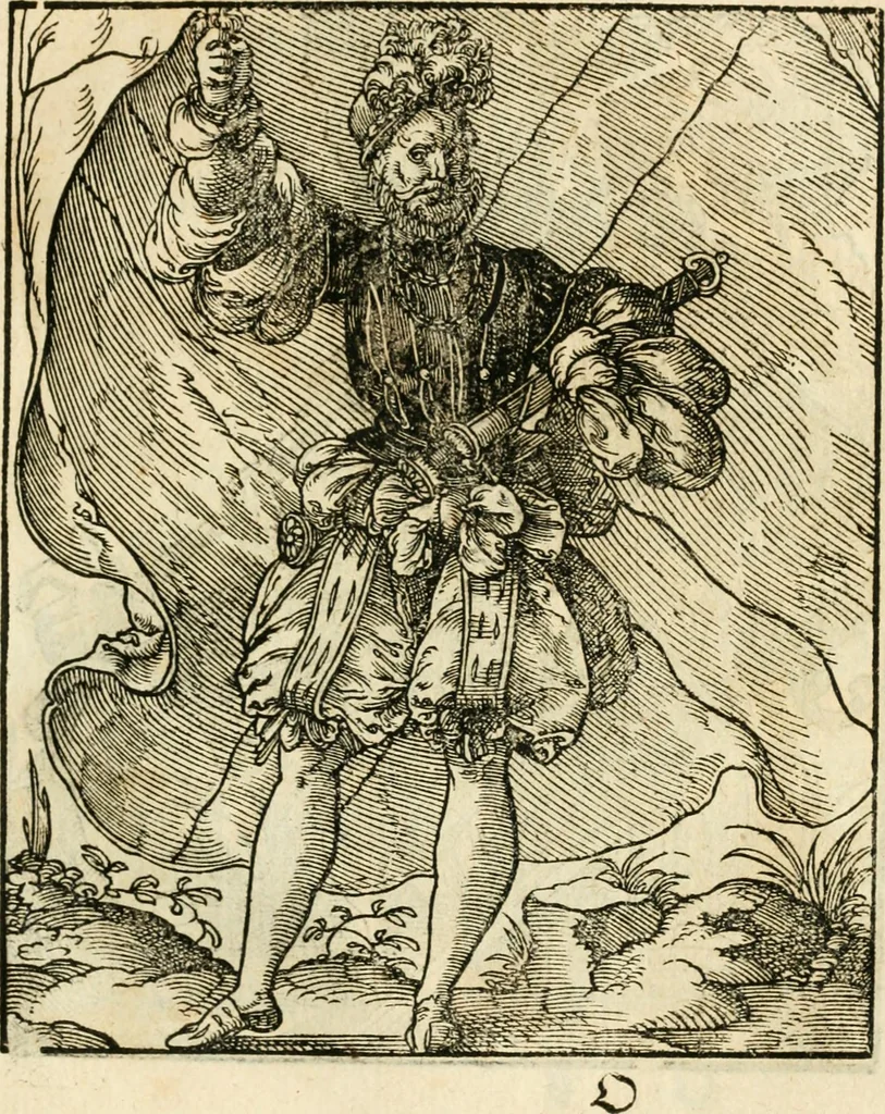 An illustration from Kunstbüchlin : Darinnen neben Fürbildung vieler, geistlicher vnnd weltlicher, hohes vnd niderstands Personen, so dann auch der Türkischen Käyser derselben obersten allerhandt kunstreiche Stück vnnd Figuren : auch die sieben Planeten, zehen alter Rittmeister vnnd Befelchshaber, Reutern vnd Contrafactur der Pferde, allerlen Thurnier, Fechten vnd dann erliche Helm vnd Helmdecken begriffen : Alles auff das zierlicht vnd künstlichst gerissen, 1599, leaf 118
