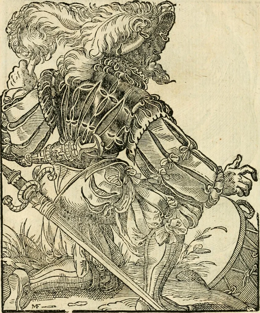 An illustration from Kunstbüchlin : Darinnen neben Fürbildung vieler, geistlicher vnnd weltlicher, hohes vnd niderstands Personen, so dann auch der Türkischen Käyser derselben obersten allerhandt kunstreiche Stück vnnd Figuren : auch die sieben Planeten, zehen alter Rittmeister vnnd Befelchshaber, Reutern vnd Contrafactur der Pferde, allerlen Thurnier, Fechten vnd dann erliche Helm vnd Helmdecken begriffen : Alles auff das zierlicht vnd künstlichst gerissen, 1599, leaf 119