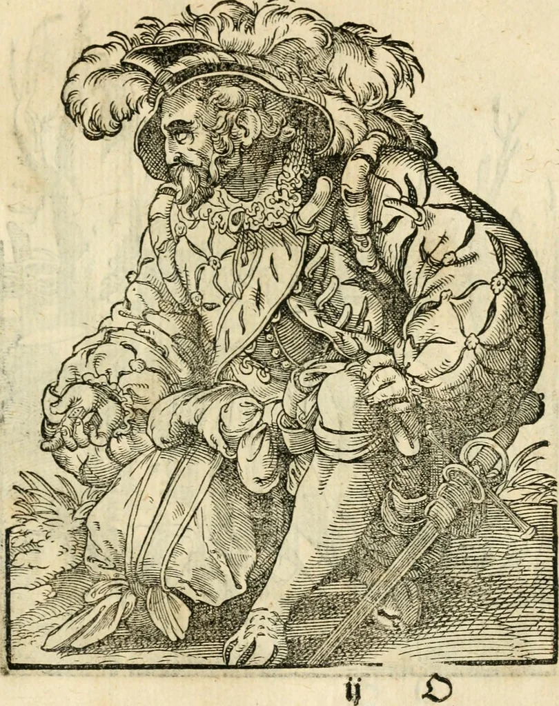 An illustration from Kunstbüchlin : Darinnen neben Fürbildung vieler, geistlicher vnnd weltlicher, hohes vnd niderstands Personen, so dann auch der Türkischen Käyser derselben obersten allerhandt kunstreiche Stück vnnd Figuren : auch die sieben Planeten, zehen alter Rittmeister vnnd Befelchshaber, Reutern vnd Contrafactur der Pferde, allerlen Thurnier, Fechten vnd dann erliche Helm vnd Helmdecken begriffen : Alles auff das zierlicht vnd künstlichst gerissen, 1599, leaf 120