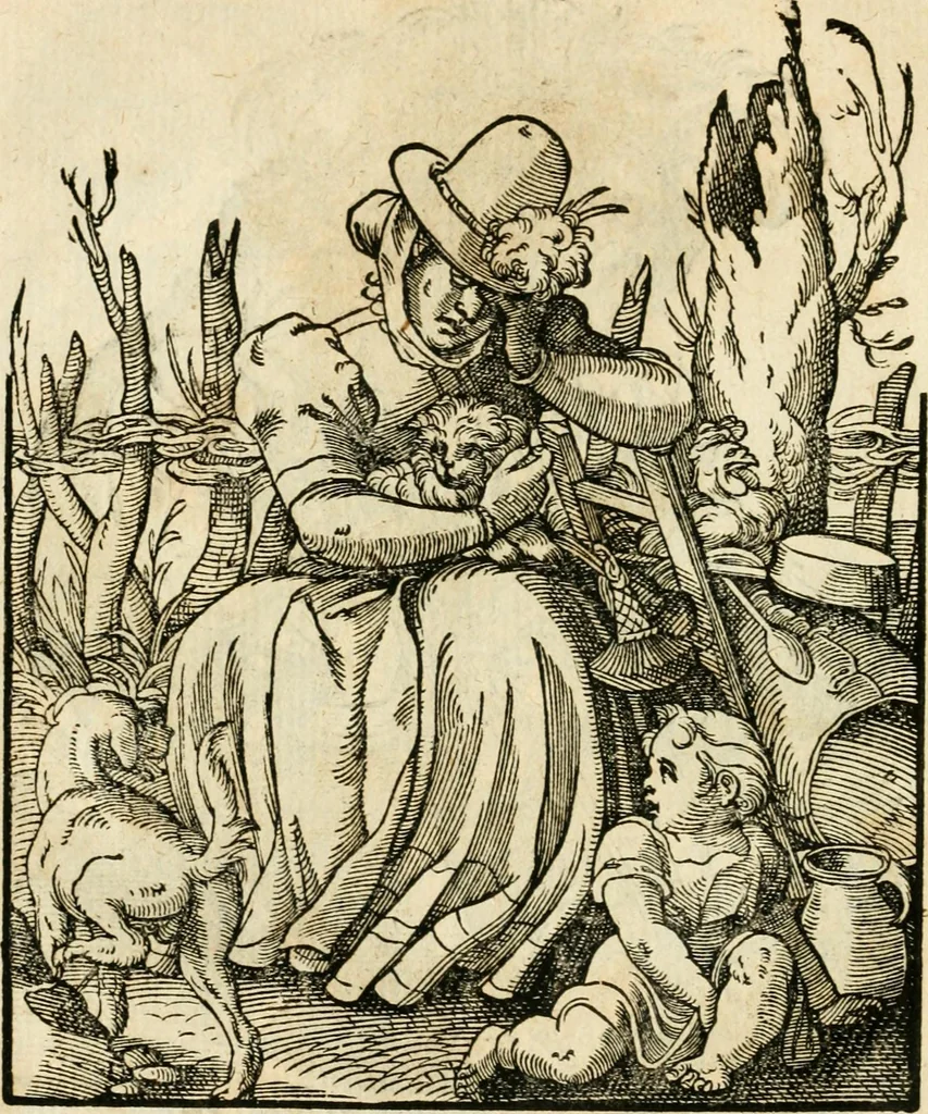 An illustration from Kunstbüchlin : Darinnen neben Fürbildung vieler, geistlicher vnnd weltlicher, hohes vnd niderstands Personen, so dann auch der Türkischen Käyser derselben obersten allerhandt kunstreiche Stück vnnd Figuren : auch die sieben Planeten, zehen alter Rittmeister vnnd Befelchshaber, Reutern vnd Contrafactur der Pferde, allerlen Thurnier, Fechten vnd dann erliche Helm vnd Helmdecken begriffen : Alles auff das zierlicht vnd künstlichst gerissen, 1599, leaf 121