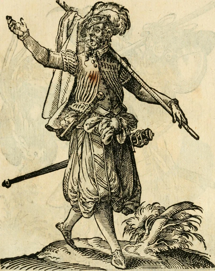An illustration from Kunstbüchlin : Darinnen neben Fürbildung vieler, geistlicher vnnd weltlicher, hohes vnd niderstands Personen, so dann auch der Türkischen Käyser derselben obersten allerhandt kunstreiche Stück vnnd Figuren : auch die sieben Planeten, zehen alter Rittmeister vnnd Befelchshaber, Reutern vnd Contrafactur der Pferde, allerlen Thurnier, Fechten vnd dann erliche Helm vnd Helmdecken begriffen : Alles auff das zierlicht vnd künstlichst gerissen, 1599, leaf 122