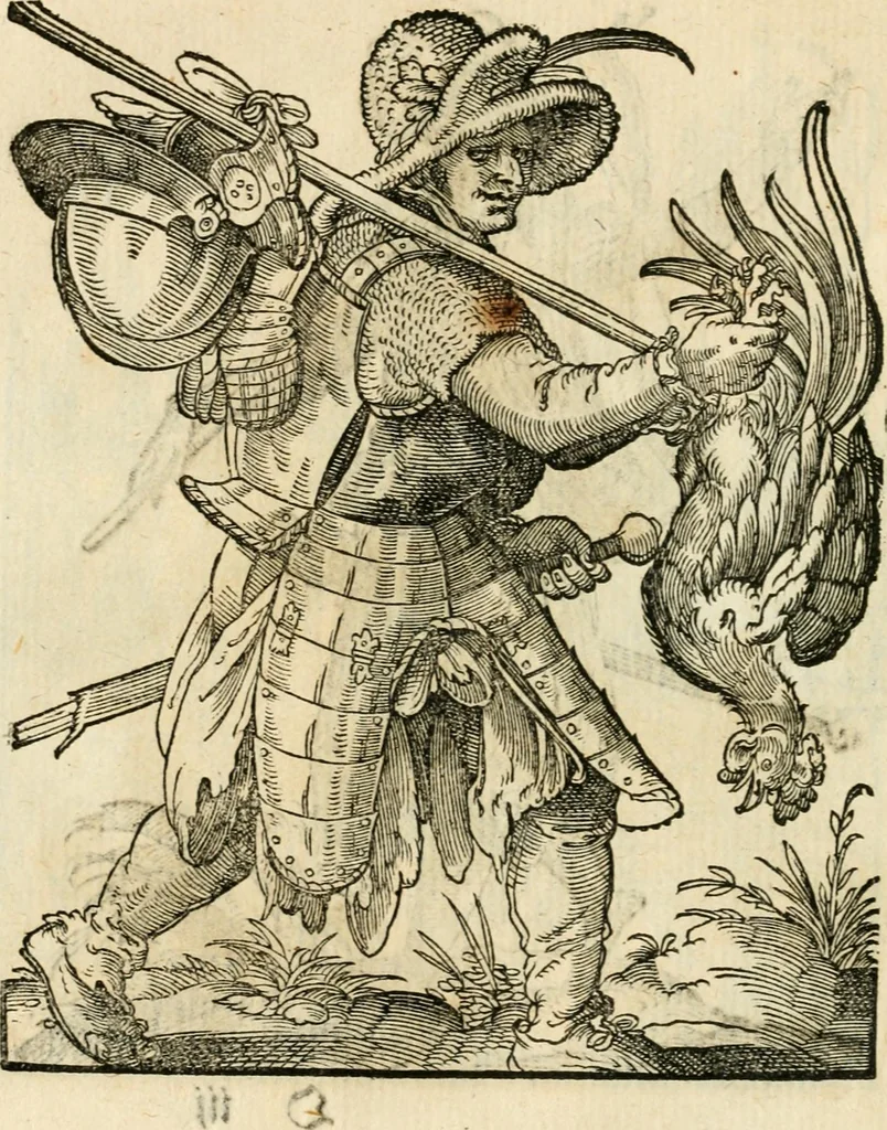 An illustration from Kunstbüchlin : Darinnen neben Fürbildung vieler, geistlicher vnnd weltlicher, hohes vnd niderstands Personen, so dann auch der Türkischen Käyser derselben obersten allerhandt kunstreiche Stück vnnd Figuren : auch die sieben Planeten, zehen alter Rittmeister vnnd Befelchshaber, Reutern vnd Contrafactur der Pferde, allerlen Thurnier, Fechten vnd dann erliche Helm vnd Helmdecken begriffen : Alles auff das zierlicht vnd künstlichst gerissen, 1599, leaf 123