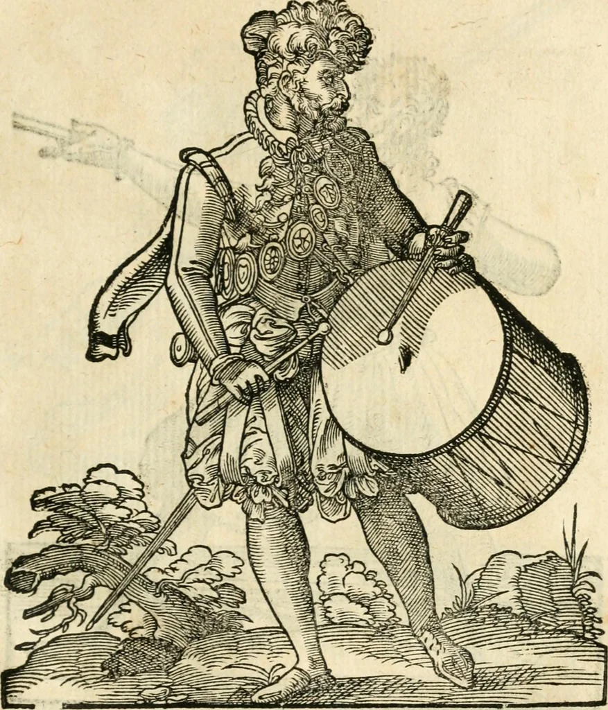 An illustration from Kunstbüchlin : Darinnen neben Fürbildung vieler, geistlicher vnnd weltlicher, hohes vnd niderstands Personen, so dann auch der Türkischen Käyser derselben obersten allerhandt kunstreiche Stück vnnd Figuren : auch die sieben Planeten, zehen alter Rittmeister vnnd Befelchshaber, Reutern vnd Contrafactur der Pferde, allerlen Thurnier, Fechten vnd dann erliche Helm vnd Helmdecken begriffen : Alles auff das zierlicht vnd künstlichst gerissen, 1599, leaf 124