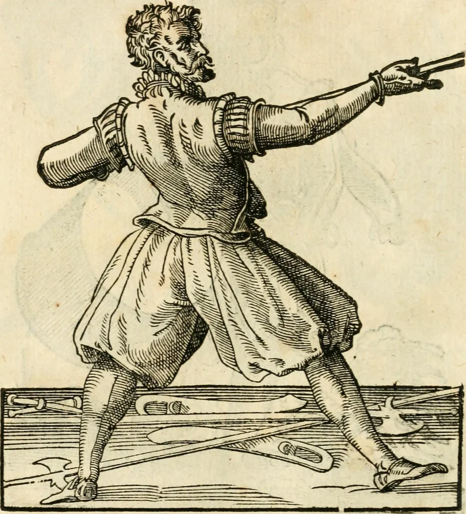 An illustration from Kunstbüchlin : Darinnen neben Fürbildung vieler, geistlicher vnnd weltlicher, hohes vnd niderstands Personen, so dann auch der Türkischen Käyser derselben obersten allerhandt kunstreiche Stück vnnd Figuren : auch die sieben Planeten, zehen alter Rittmeister vnnd Befelchshaber, Reutern vnd Contrafactur der Pferde, allerlen Thurnier, Fechten vnd dann erliche Helm vnd Helmdecken begriffen : Alles auff das zierlicht vnd künstlichst gerissen, 1599, leaf 125