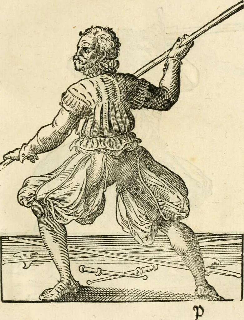 An illustration from Kunstbüchlin : Darinnen neben Fürbildung vieler, geistlicher vnnd weltlicher, hohes vnd niderstands Personen, so dann auch der Türkischen Käyser derselben obersten allerhandt kunstreiche Stück vnnd Figuren : auch die sieben Planeten, zehen alter Rittmeister vnnd Befelchshaber, Reutern vnd Contrafactur der Pferde, allerlen Thurnier, Fechten vnd dann erliche Helm vnd Helmdecken begriffen : Alles auff das zierlicht vnd künstlichst gerissen, 1599, leaf 126