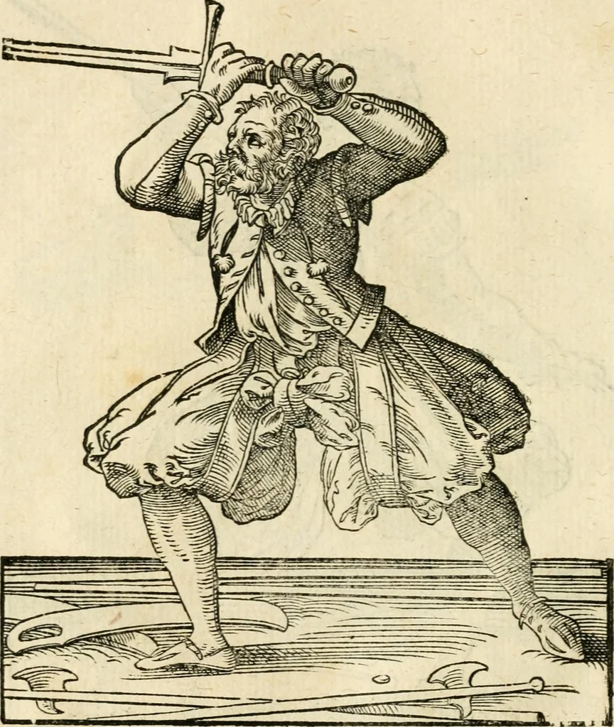 An illustration from Kunstbüchlin : Darinnen neben Fürbildung vieler, geistlicher vnnd weltlicher, hohes vnd niderstands Personen, so dann auch der Türkischen Käyser derselben obersten allerhandt kunstreiche Stück vnnd Figuren : auch die sieben Planeten, zehen alter Rittmeister vnnd Befelchshaber, Reutern vnd Contrafactur der Pferde, allerlen Thurnier, Fechten vnd dann erliche Helm vnd Helmdecken begriffen : Alles auff das zierlicht vnd künstlichst gerissen, 1599, leaf 127